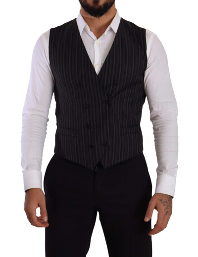 Shop Dolce & Gabbana Gray Striped Double Breasted Waistcoat Vest In Black And Gray