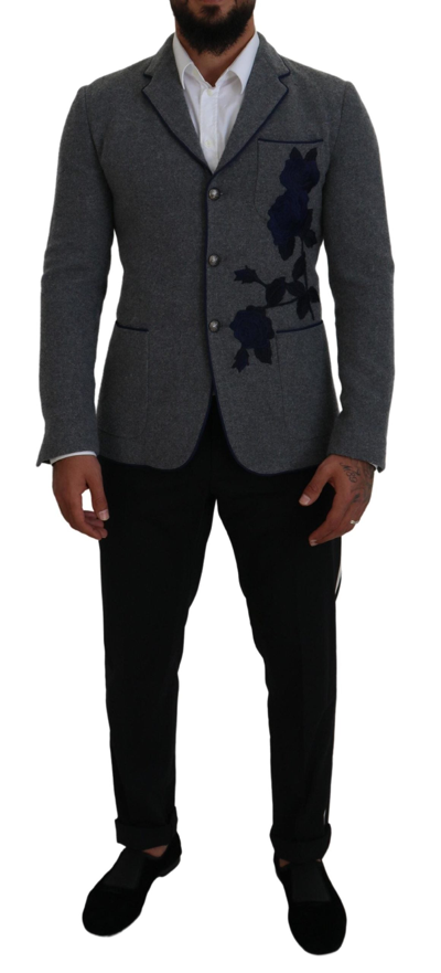 Shop Dolce & Gabbana Gray Wool Roses Slim Fit Jacket Blazer