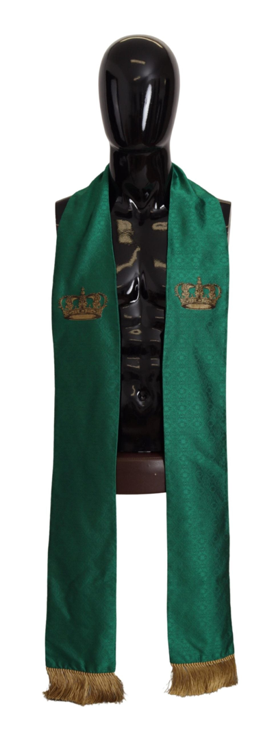 Shop Dolce & Gabbana Green Crown Embroidered Shawl Fringe Blend Silk