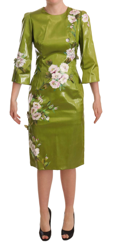 Shop Dolce & Gabbana Green Floral Embellished Sheath Midi Dress