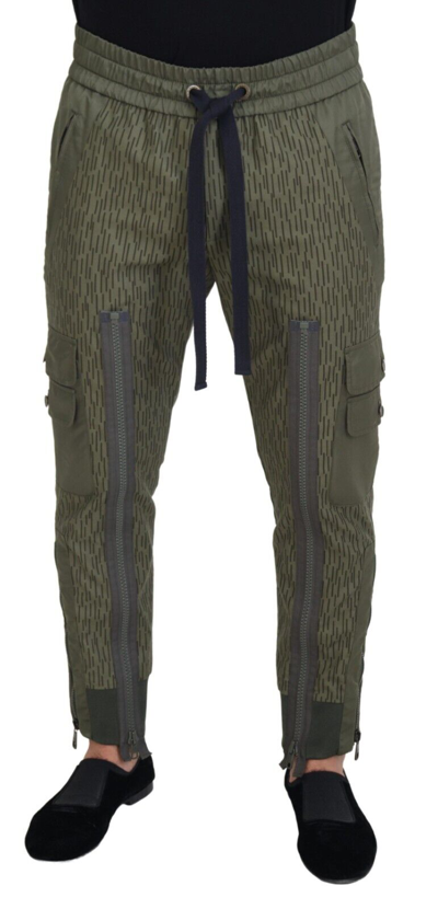Shop Dolce & Gabbana Green Striped Cargo Zipper Leg Men Trouser Pants