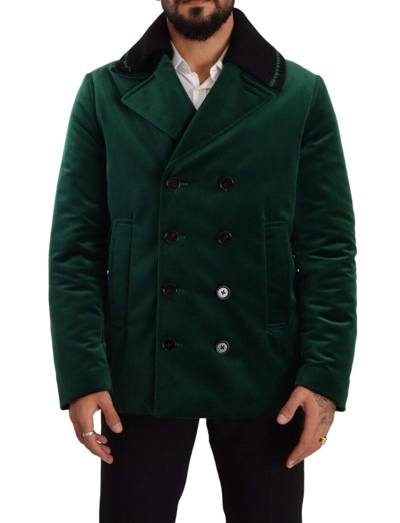 Shop Dolce & Gabbana Green Velvet Cotton Double Breasted Jacket