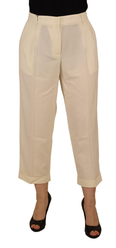 Shop Dolce & Gabbana Ivory High Waist Cropped Folded Hem Trousers Pants In White