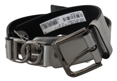 Shop Dolce & Gabbana Metallic Silver Leather Dg Logo Metal Buckle Belt