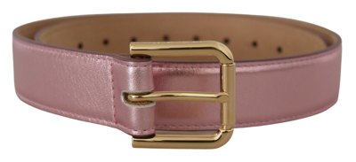 Shop Dolce & Gabbana Metallic Pink Polished Leather Logo Metal Buckle Belt