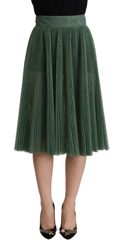 Shop Dolce & Gabbana Metallic Green High Waist A-line Pleated Skirt