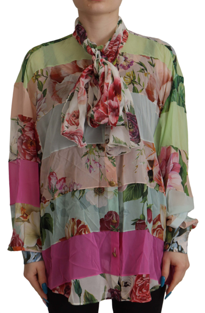 Shop Dolce & Gabbana Multicolor  Floral Patchwork Design Ascot Collar Top Blouse