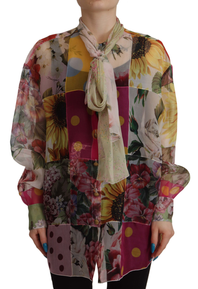 Shop Dolce & Gabbana Multicolor Ascot Collar Patchwork Blouse Top