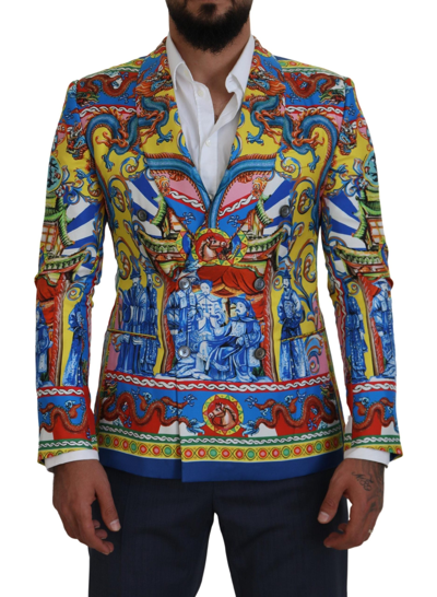 Shop Dolce & Gabbana Multicolor Dragon Print Silk Slim Fit Blazer
