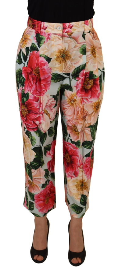 Shop Dolce & Gabbana Multicolor Flora Printed High Waist Cropped Trouser Pants