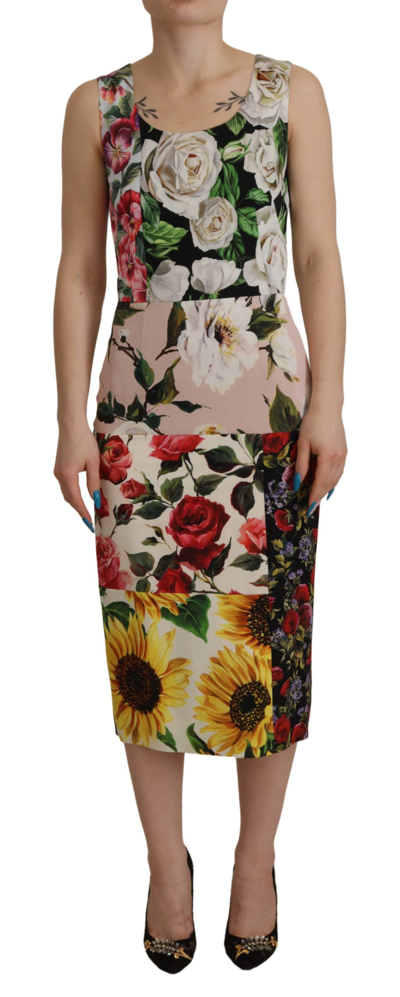 Shop Dolce & Gabbana Multicolor Floral Sheath Midi Silk Dress