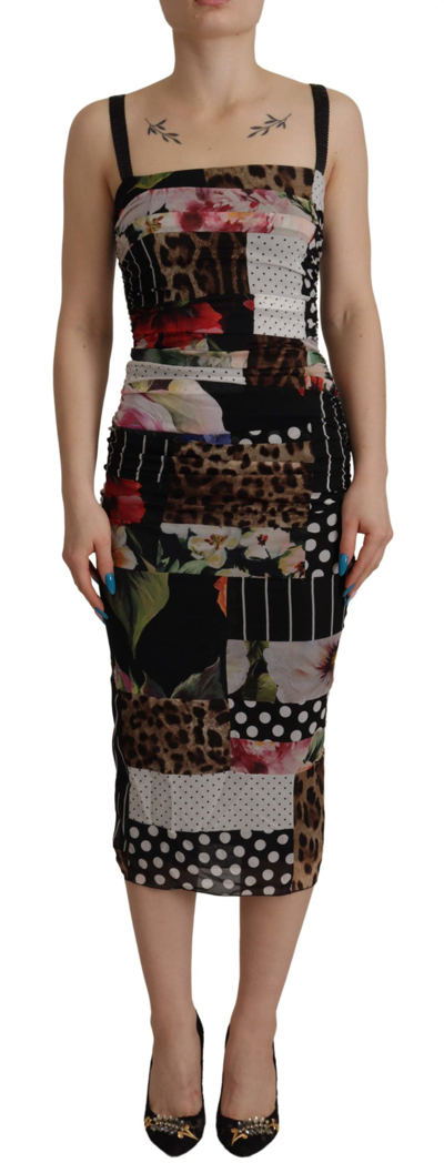 Shop Dolce & Gabbana Multicolor Pachwork Midi Floral Silk Leopard Bodycon Dress