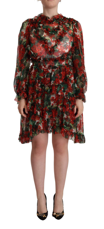 Dolce & Gabbana Multicolor Ruffle Floral Long Sleeves Dress In Red
