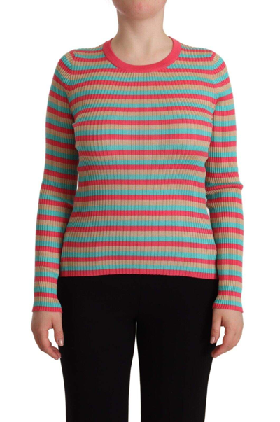 Shop Dolce & Gabbana Multicolor Stripes Silk Crew Neck Pullover Top