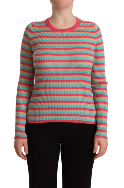 Dolce & Gabbana Multicolor Stripes Silk Crew Neck Pullover Top In Multicolor