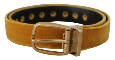 Shop Dolce & Gabbana Mustard Velvet Gold Logo Engraved Metal Buckle Belt