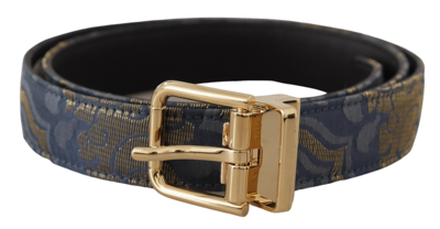 Shop Dolce & Gabbana Navy Blue Jacquard Gold Tone Logo Metal Buckle Belt