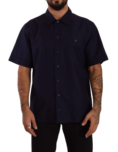 Shop Dolce & Gabbana Navy Blue Button Down Short Sleeves Shirt