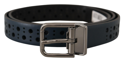 Shop Dolce & Gabbana Navy Blue Perforated Leather Skinny Metal Buckle Belt