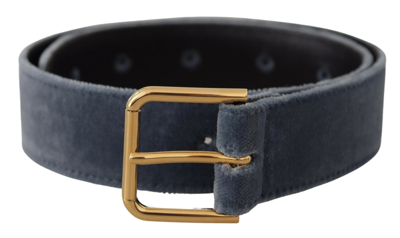 Shop Dolce & Gabbana Navy Blue Velvet Gold Metal Logo Waist Buckle Belt
