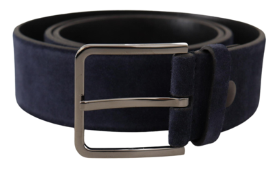 Shop Dolce & Gabbana Navy Blue Velvet Leather Silver Logo Buckle Belt
