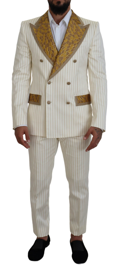 Shop Dolce & Gabbana Off White Gold Striped Tuxedo Slim Fit Suit