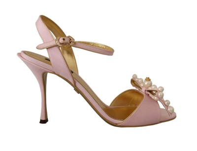 Shop Dolce & Gabbana Pink Faux Pearl Ankle Strap Heels Sandals