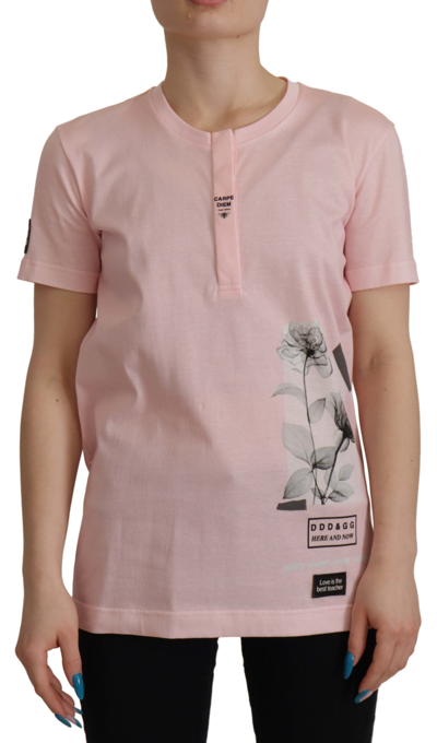 Shop Dolce & Gabbana Pink Floral Cotton Henley Cotton  T-shirt