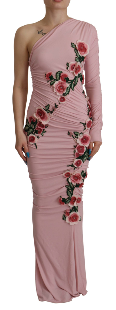 Shop Dolce & Gabbana Pink Flower Embellished One Shoulder Dress