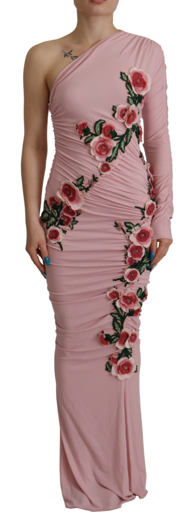 Dolce & Gabbana Pink Flower Embellished One Shoulder Dress In Pink