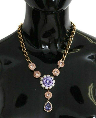 Dolce & Gabbana Pink Gold Brass Crystal Purple Pearl Pendants In Pink