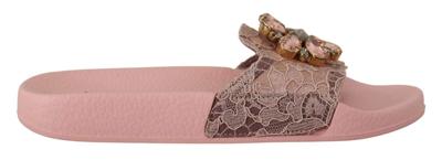 Shop Dolce & Gabbana Pink Lace Crystal Sandals Slides Beach
