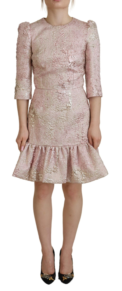 Dolce & Gabbana Pink Jaquard 3/4 Sleeve Sheath Midi Dress In Pink