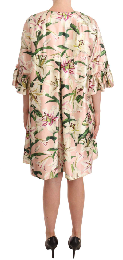 Shop Dolce & Gabbana Pink Lily Print Ruffled Long Coat Silk Dress In Multicolor