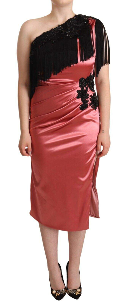 Shop Dolce & Gabbana Pink One-shoulder Silk Tassel Fringe Gown Mid Dress