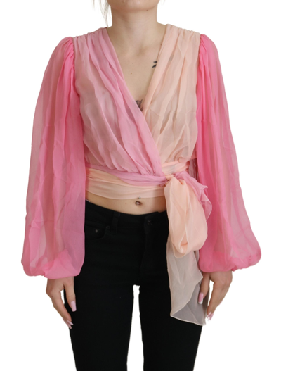 Shop Dolce & Gabbana Pink Silk Wrap Long Sleeves Blouse Top