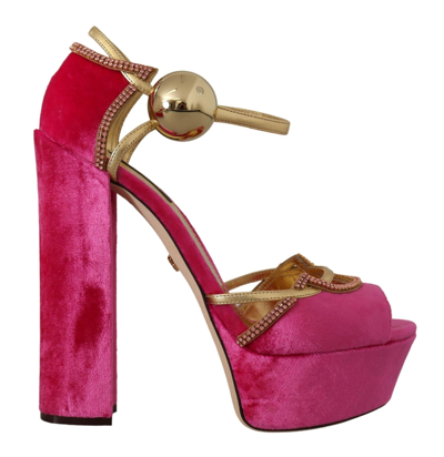 Shop Dolce & Gabbana Pink Velvet Crystal Ankle Strap Sandals Shoes