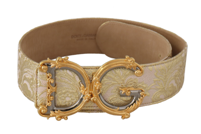 Shop Dolce & Gabbana Pink Wide Waist Jacquard Dg Logo Gold Logo Buckle Belt In Gold And Pink