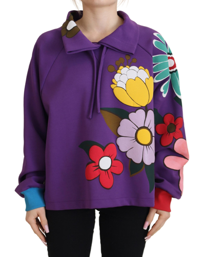 Dolce & Gabbana Purple Floral Print Pullover  Cotton Sweater In Purple