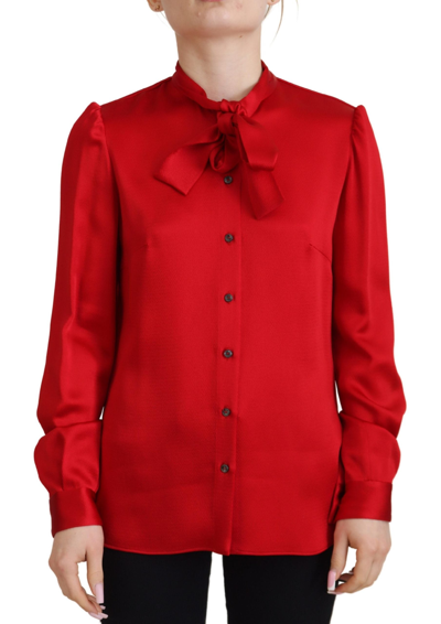 Shop Dolce & Gabbana Red Ascot Collar Long Sleeves Blouse Top