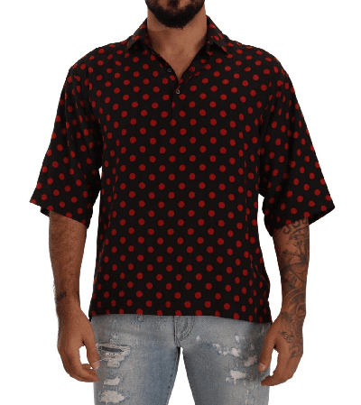 Shop Dolce & Gabbana Red Black Silk Polka Dots Short Sleeves Shirt In Black And Red