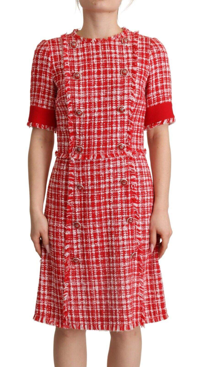 Shop Dolce & Gabbana Red Checkered Cotton Embellished Sheath Dress