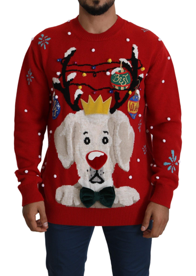 Shop Dolce & Gabbana Red Christmas Dog Pullover Cashmere Sweater