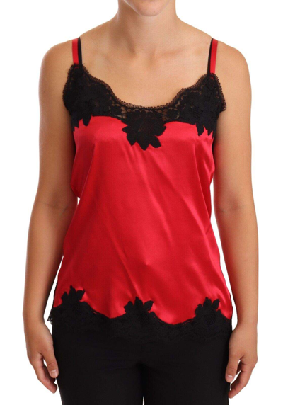 Shop Dolce & Gabbana Red Floral Lace Silk Satin Camisole Lingerie Top In Black And Red