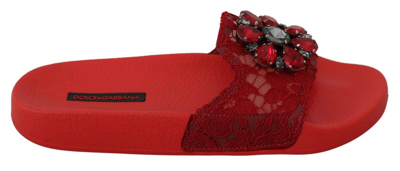 Shop Dolce & Gabbana Red Lace Crystal Sandals Slides Beach