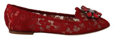 Shop Dolce & Gabbana Red Lace Crystal Ballet Flats Loafers