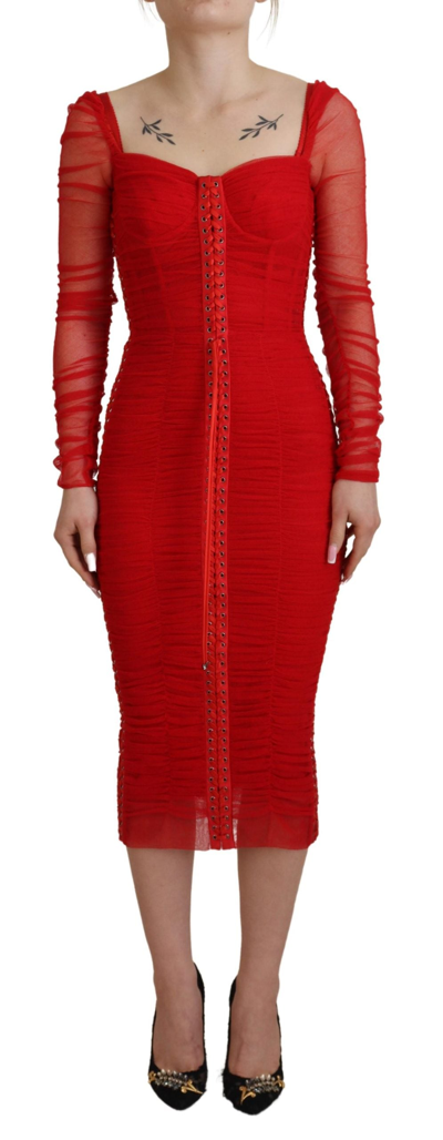 Shop Dolce & Gabbana Red Mesh Trim Bodycon Sheath Midi Dress