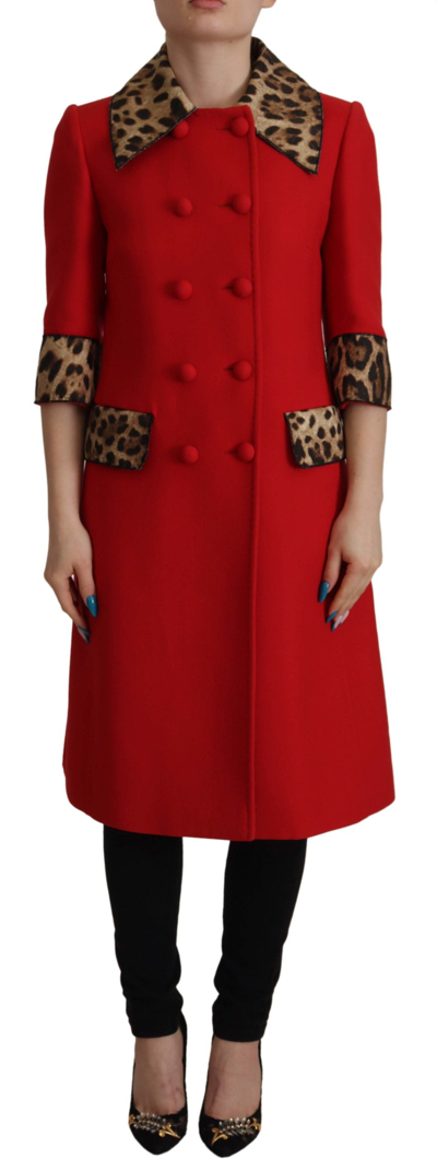 Shop Dolce & Gabbana Red Leopard Wool Trenchcoat Jacket