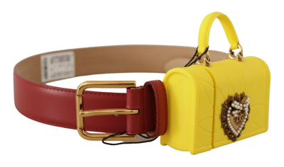 Shop Dolce & Gabbana Red Leather Yellow Devotion Heart Bag Buckle Belt