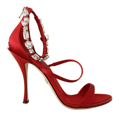 Shop Dolce & Gabbana Red Satin Crystals Sandals Keira Heels Shoes